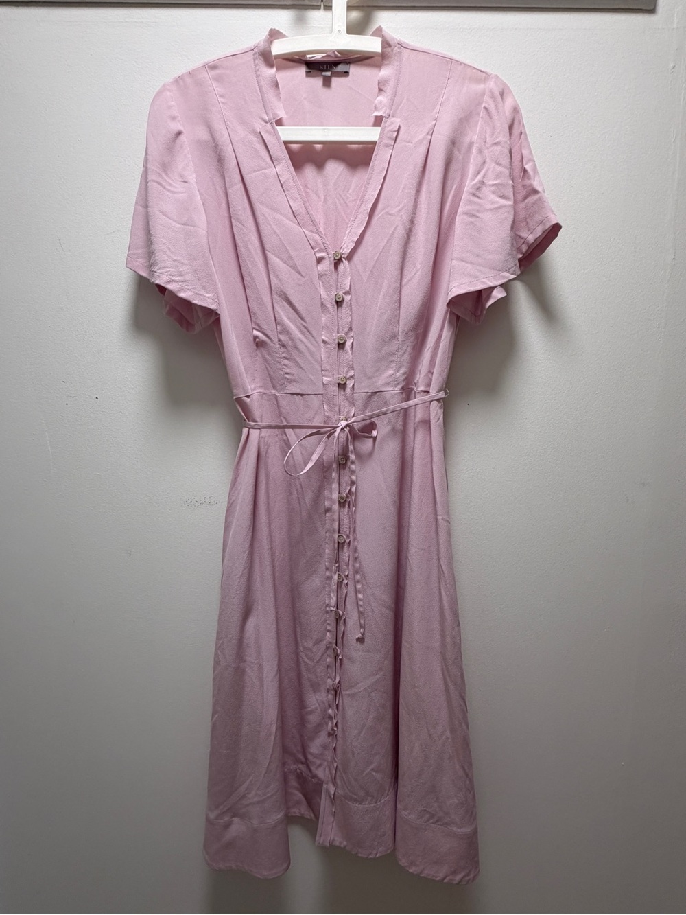 Light Pink Button-Front Midi Dress with Tie Waist